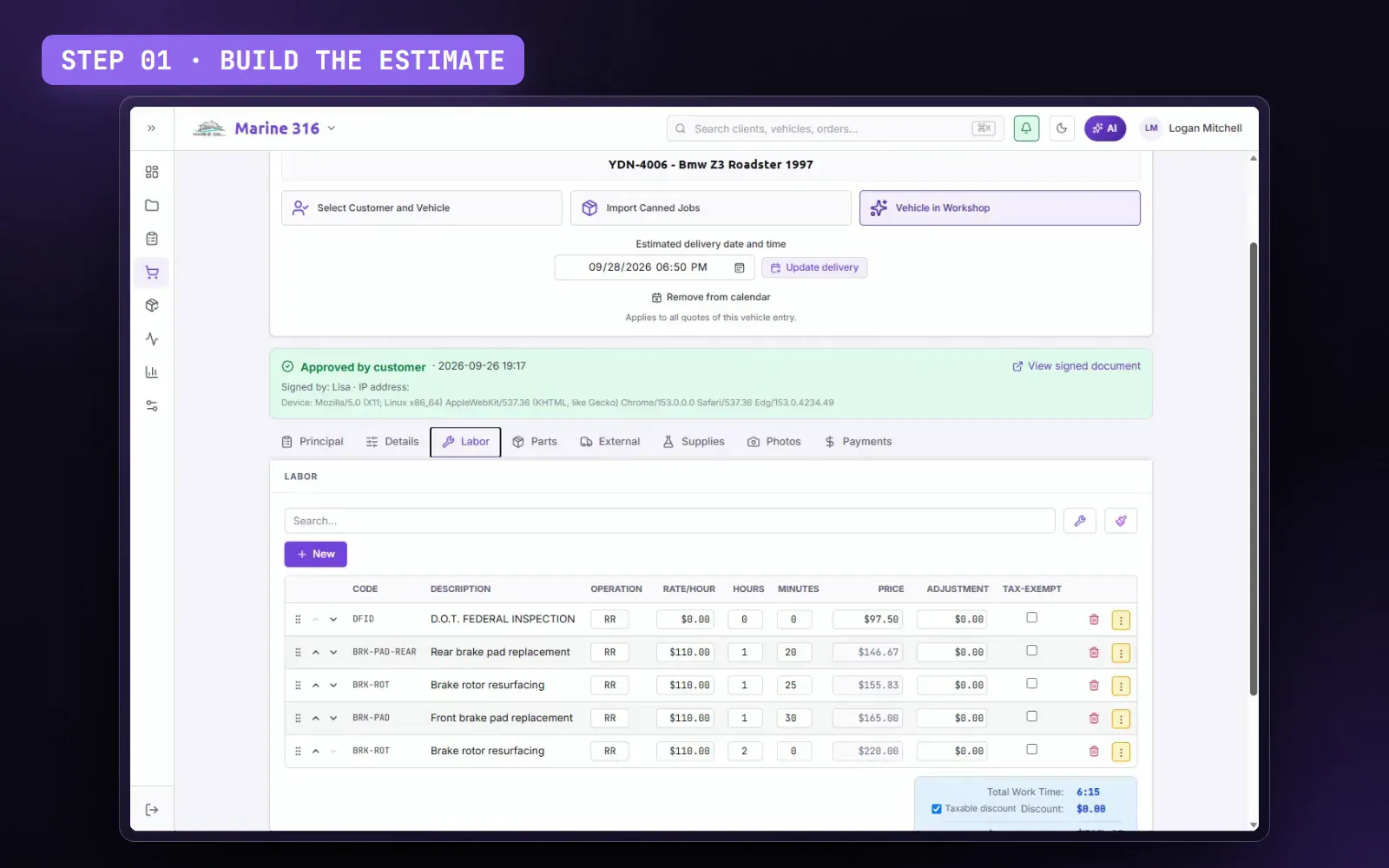 Demo: an estimate sent for approval by text, the customer's signature on their phone, a repair order for the technician without prices and the invoice with the same lines.