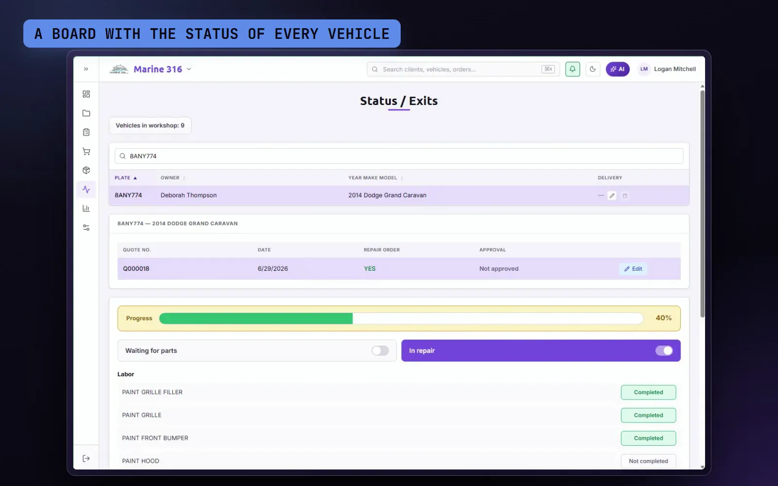Demo: the status of a vehicle, the "Ready for pickup" flag and the promised delivery date.