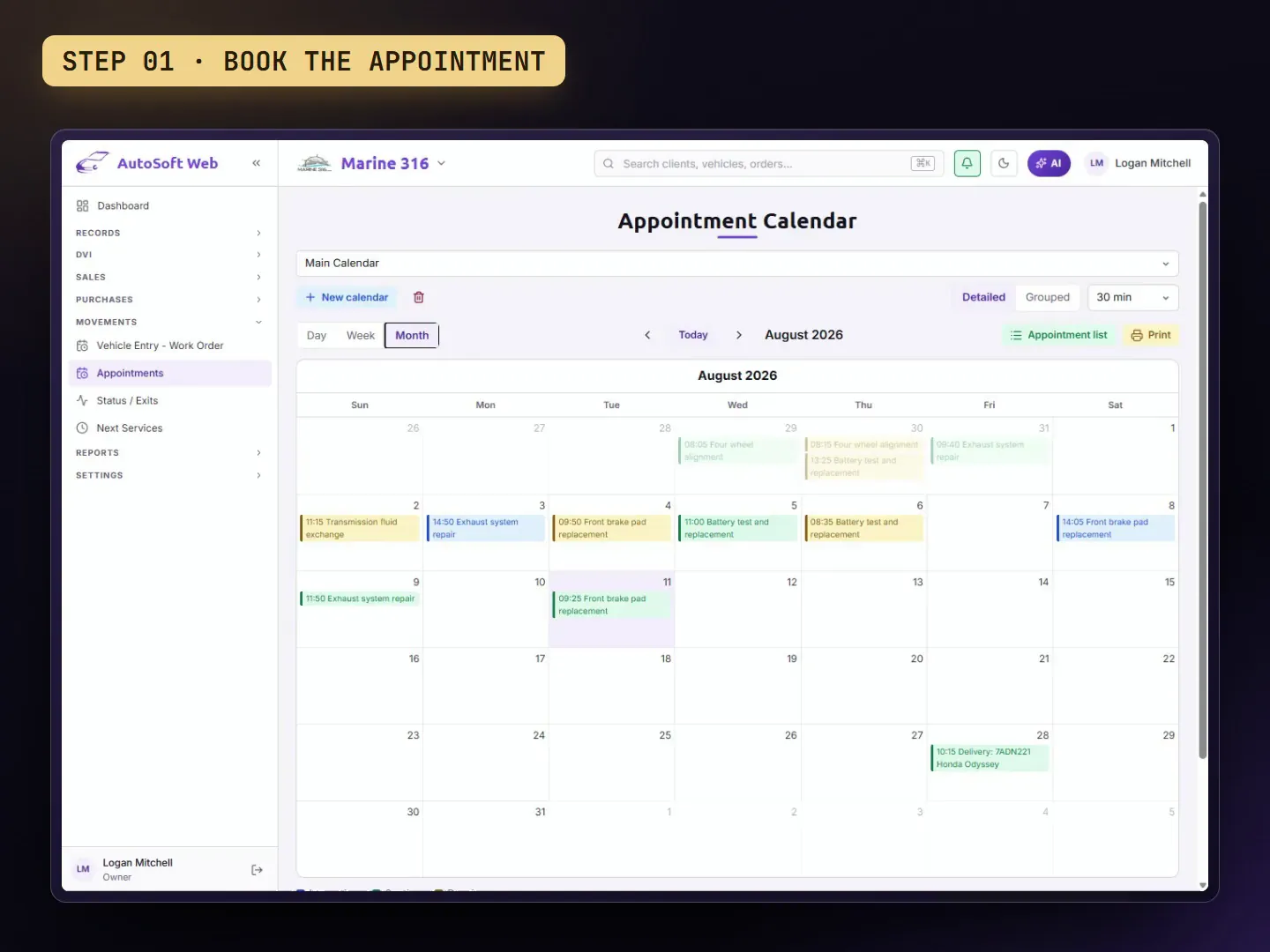 Demo: the appointment calendar and each day's load.