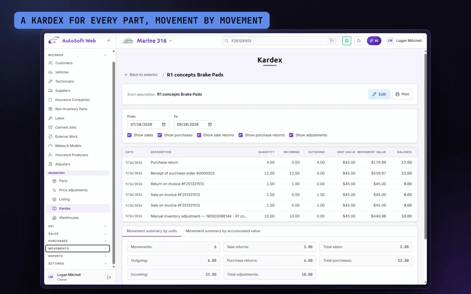 Demo: a part's kardex, movement by movement.